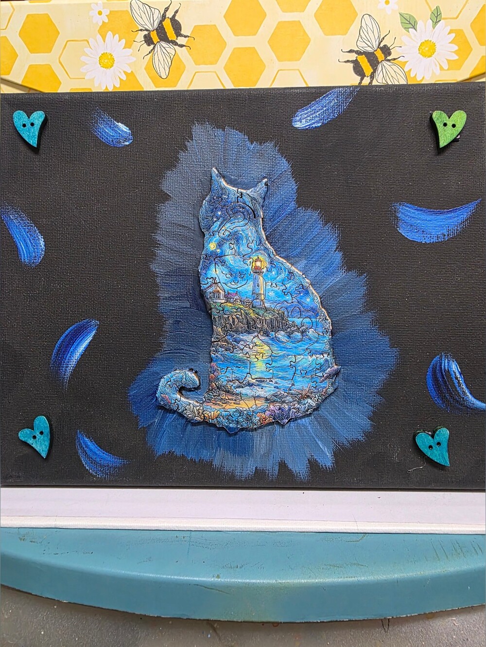 Hand Crafted Blue Cat Nightscape Wall Art
